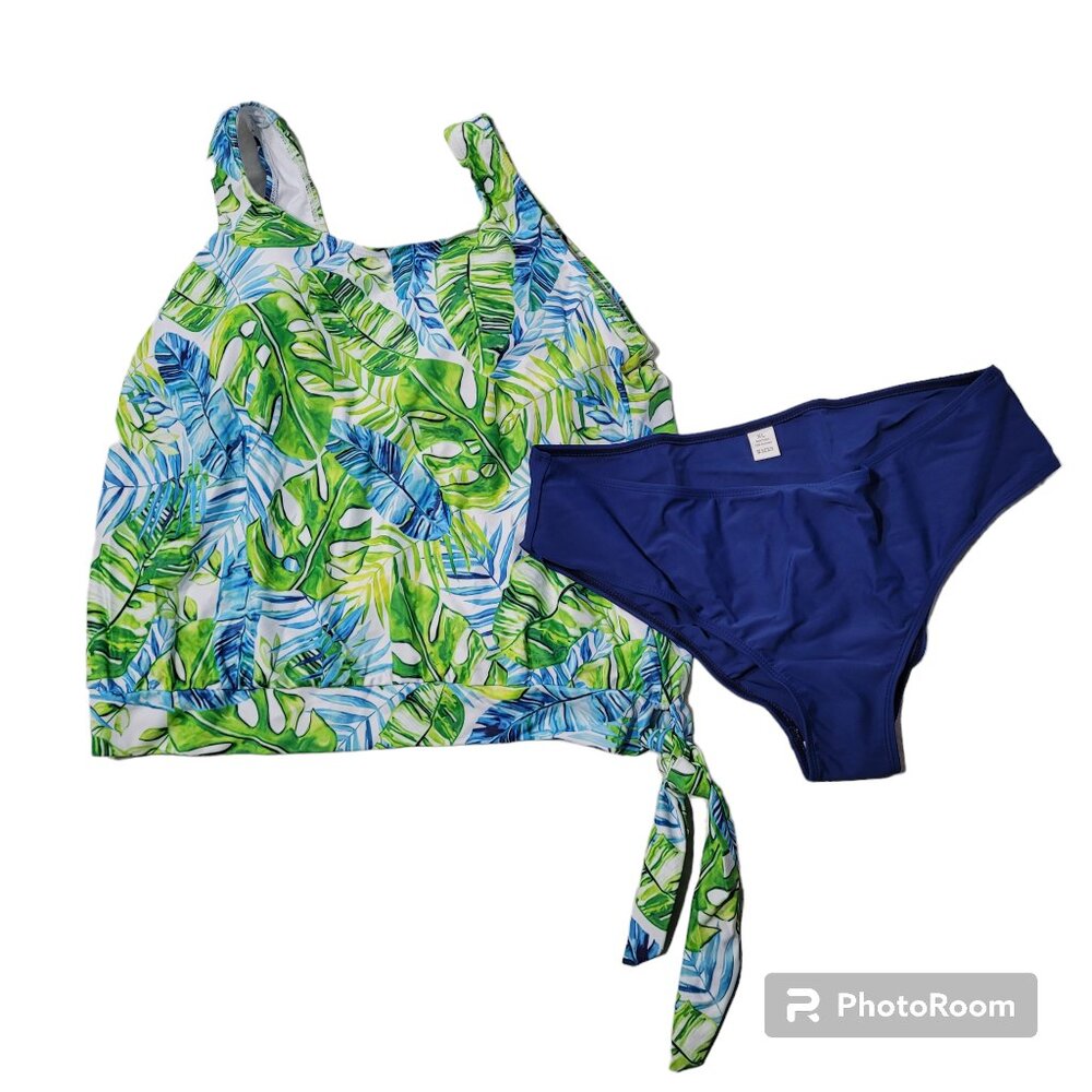 Tankini Swimsuit Bathing Scoop Neck Wide Straps Tropical Leaf Print Side Tie XL